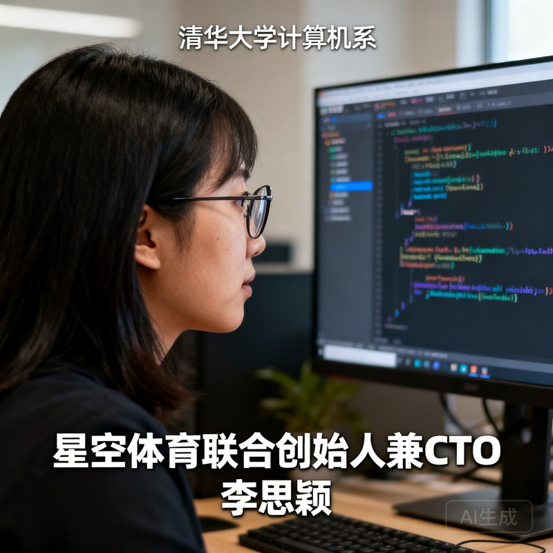 星空体育联合创始人兼CTO李思颖的工作照，戴着眼镜专注地查看代码屏幕，清华大学计算机系背景