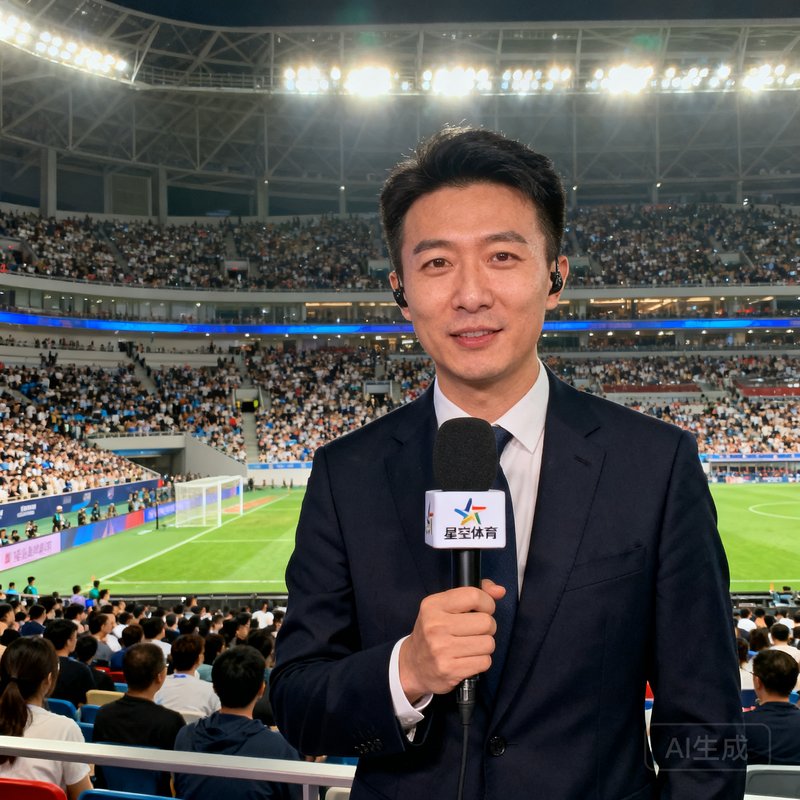 星空体育内容总监王浩然在赛事现场进行报道的工作照，手持麦克风身后是球场观众席